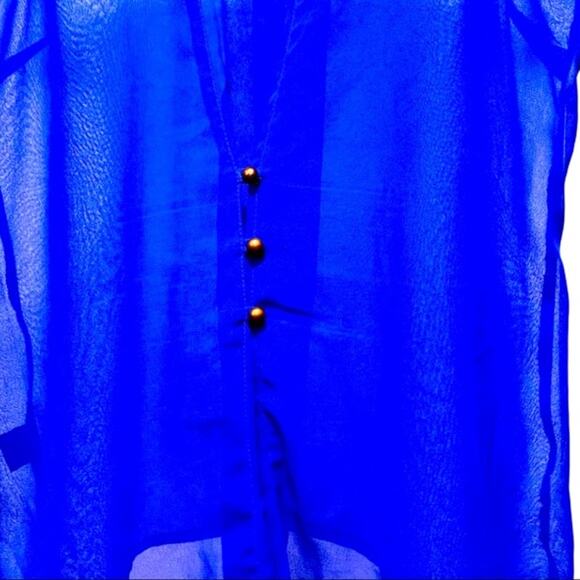 Women's Blue Sheer Blouse Back Button Design - Picture 2 of 4